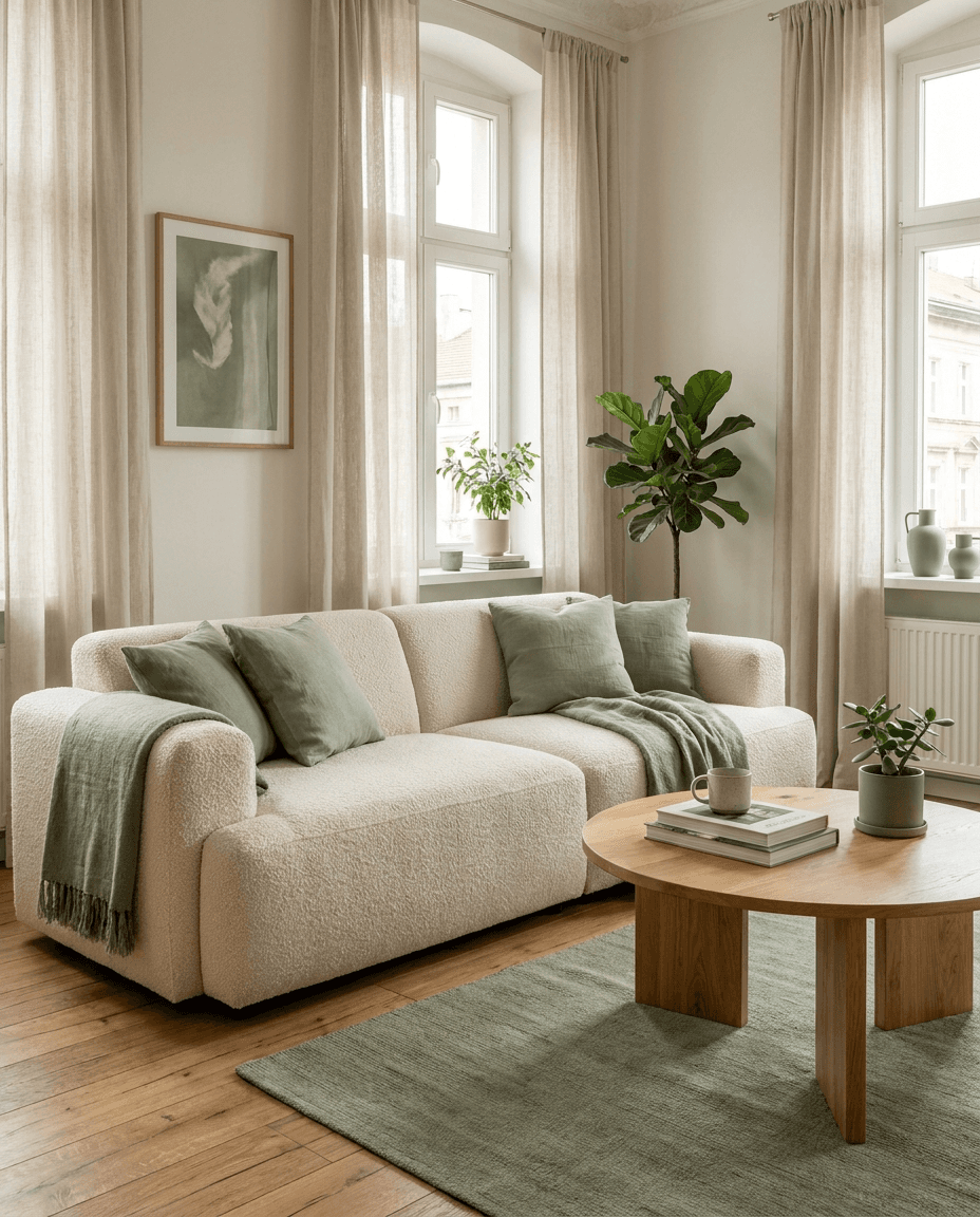 Skandynawski salon z sofą bouclé i dębowym stolikiem